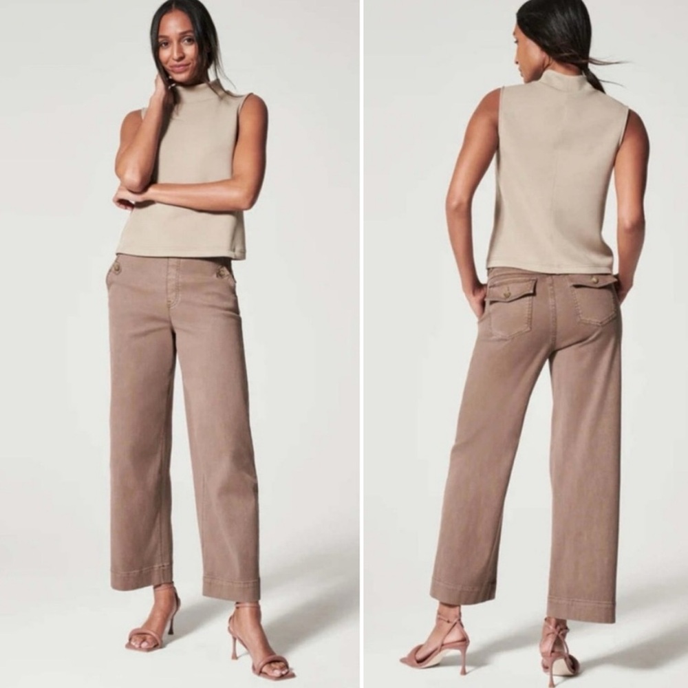 Spanx Stretch Twill Cropped Wide Leg Pants Taupe Brown - Large
